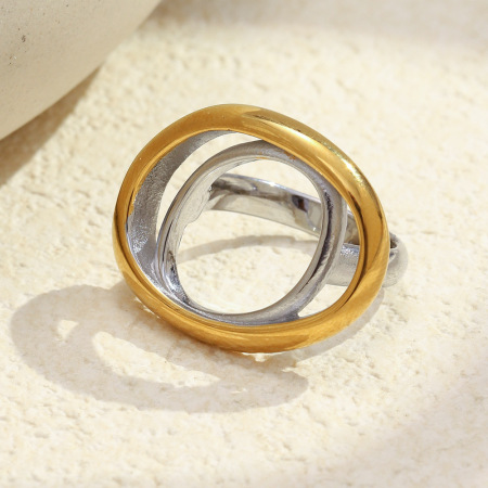 Bague statement en acier inoxydable doré et argenté, forme elliptique, étanche
