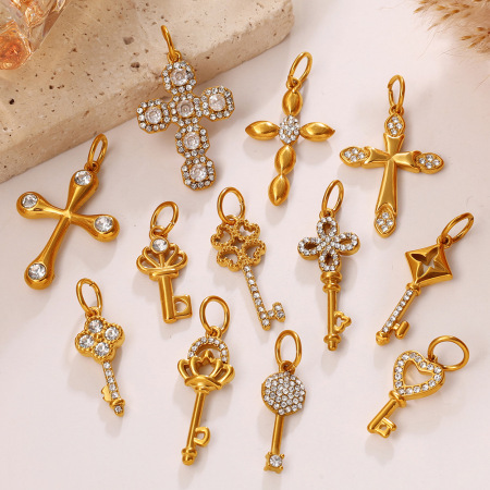 Pendentif unisexe Simple Series Daily Cross en acier inoxydable étanche couleur or avec strass