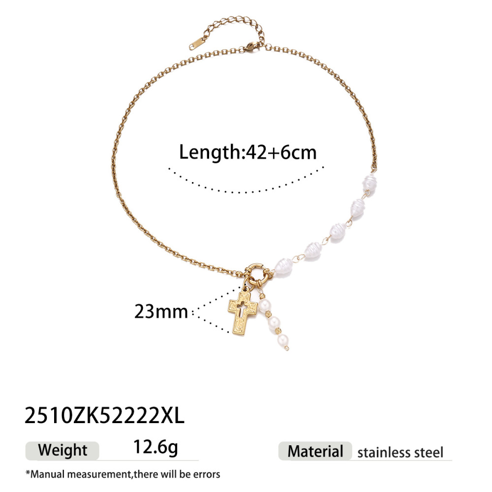 Collier Pendentif Croix En Acier Inoxydable Étanche Avec Perles Artificielles Multicolores 