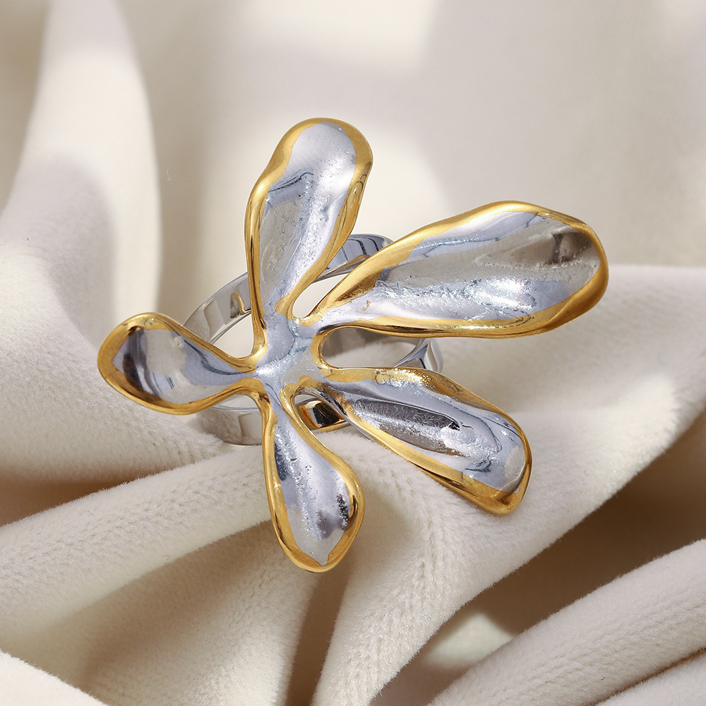 Bague Imposante En Acier Inoxydable Doré Et Argenté, En Forme De Fleur, Étanche Image2