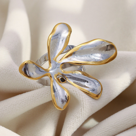 Bague imposante en acier inoxydable doré et argenté, en forme de fleur, étanche 2