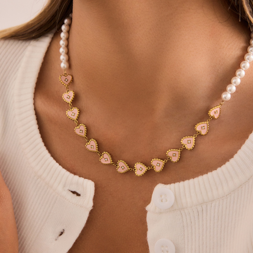 Colliers À Perles Pour Femmes, En Acier Inoxydable Doré, Imperméables Et Anti-Ternissement, Avec Un Charmant Cœur Rose Image4