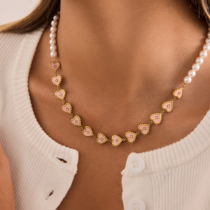 Colliers À Perles Pour Femmes, En Acier Inoxydable Doré, Imperméables Et Anti-Ternissement, Avec Un Charmant Cœur Rose h5 Image4