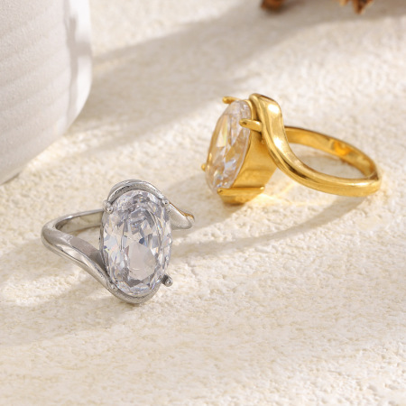 Bague étanche en acier inoxydable et zircon ellipse
