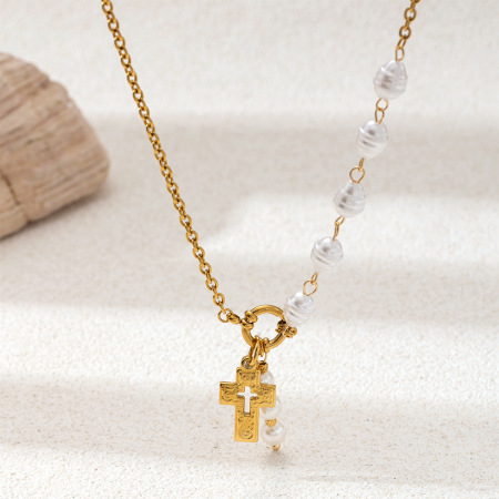 Collier pendentif croix en acier inoxydable étanche avec perles artificielles multicolores