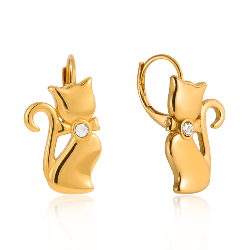Boucles D'Oreilles Pendantes Élégantes Pour Femme, En Acier Inoxydable Doré, Imperméables Et Anti-Ternissement, Motif Chat.
