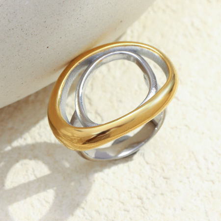 Bague statement en acier inoxydable doré et argenté, forme elliptique, étanche 2