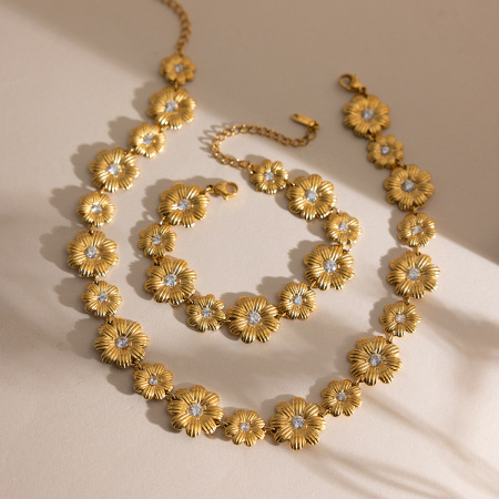 Ensembles de bijoux pour femmes en acier inoxydable doré, imperméables et anti-ternissement, avec zircon, de la série Romantic Daisy