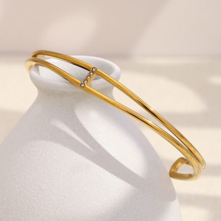 Bracelet manchette double couche en acier inoxydable étanche couleur or, forme linéaire 2