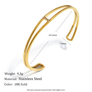 Bracelet Manchette Double Couche En Acier Inoxydable Étanche Couleur Or, Forme Linéaire h5 