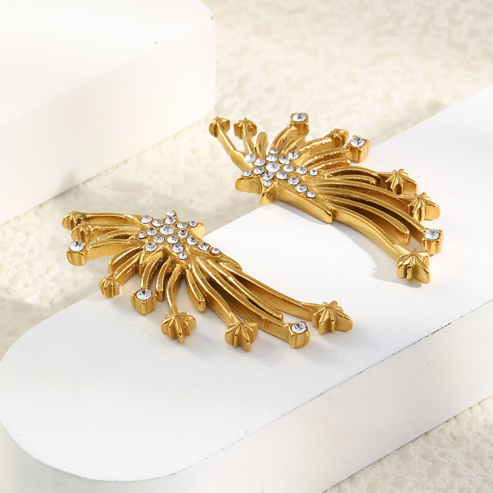 Boucles D'Oreilles Puces En Acier Inoxydable Imperméable En Forme D'Ailes, Avec Zircon Doré Image4