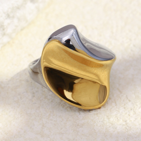 Bague imposante en acier inoxydable doré et argenté, forme déformée, étanche