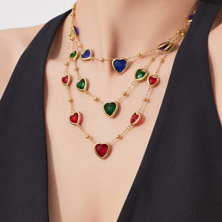 Ensembles de bijoux pour femmes en acier inoxydable doré, imperméables et anti-ternissement, en forme de cœur romantique en verre 2