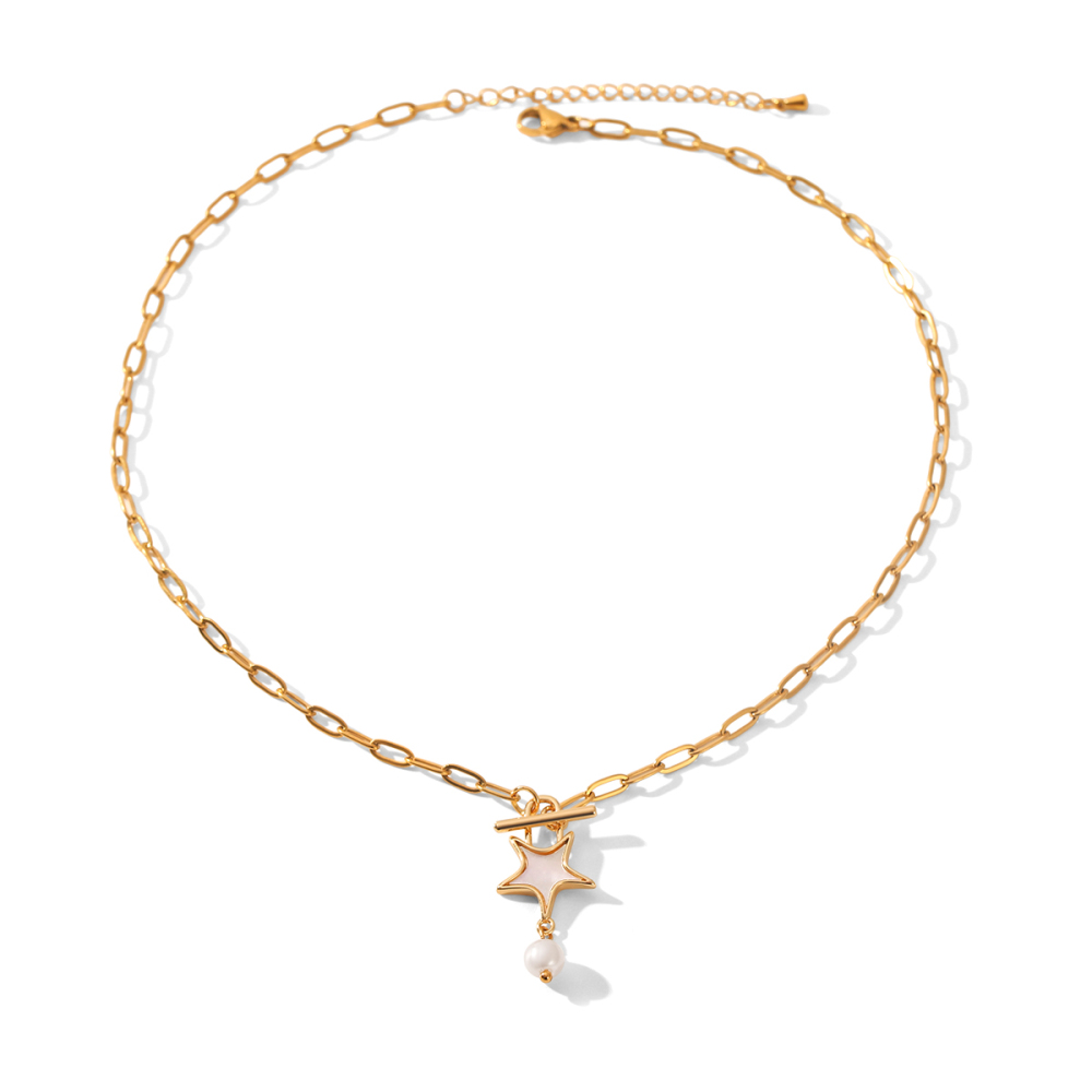 Collier Pendentif Simple Star En Acier Inoxydable Étanche Couleur Or Avec Perle
