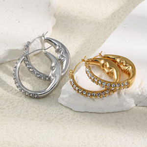 Boucles D'Oreilles Créoles En Acier Inoxydable Imperméable Avec Motif Visage Et Zircon Doré h5 Image2