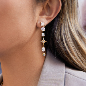 Boucles D'Oreilles De Soirée Pour Femmes, En Acier Inoxydable Doré, Imperméables Et Anti-Ternissement, Ornées De Zircon, Motif Étoile Géométrique h5 Image4