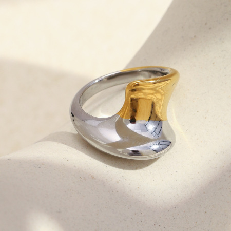 Bague imposante en acier inoxydable doré et argenté, forme déformée, étanche