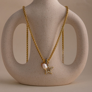 Colliers Pendentifs Pour Femmes Sleek Star En Acier Inoxydable, Imperméables Et Anti-Ternissement, Couleur Or, Avec Zircon Et Perle. h5 Image6