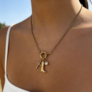 Collier Pendentif Croix En Acier Inoxydable Étanche Couleur Or Avec Strass h5 Image3