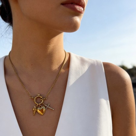 Collier Pendentif Cœur Et Croix En Acier Inoxydable Étanche Couleur Or 2