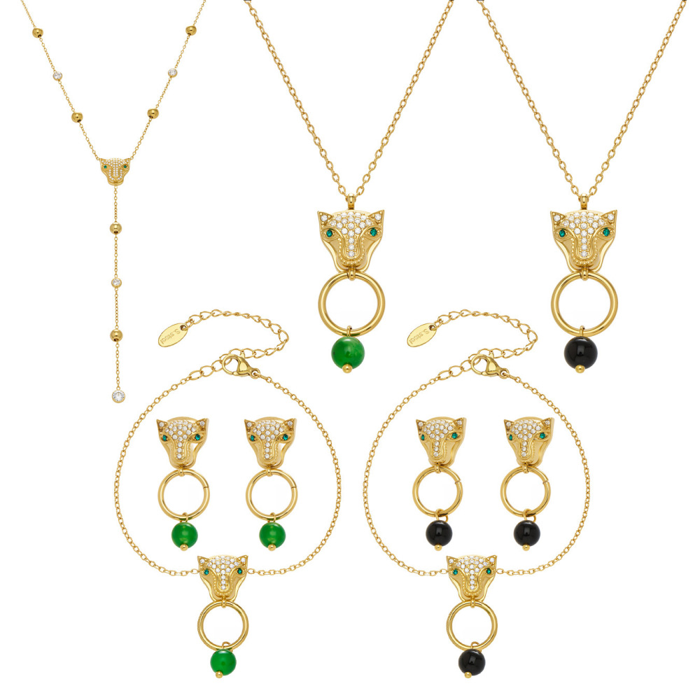 Ensembles De Bijoux Pour Femmes En Acier Inoxydable Doré, Imperméables Et Anti-Ternissement, Ornés De Zircon Naturel Et D'Une Tête De Léopard Image6