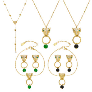 Ensembles De Bijoux Pour Femmes En Acier Inoxydable Doré, Imperméables Et Anti-Ternissement, Ornés De Zircon Naturel Et D'Une Tête De Léopard h5 Image6