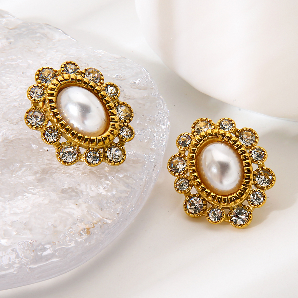 Boucles D'Oreilles Puces Élégantes Et Luxueuses En Acier Inoxydable Doré, Ornées De Zircon, Avec Motif Floral. Image5