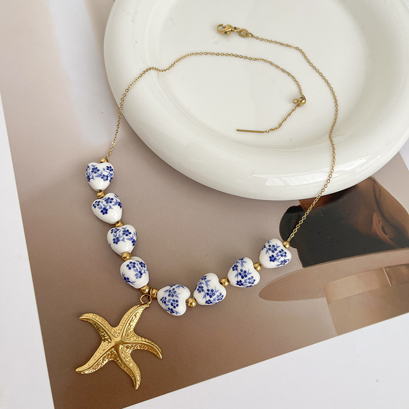 Collier Pendentif Cœur Rétro En Céramique