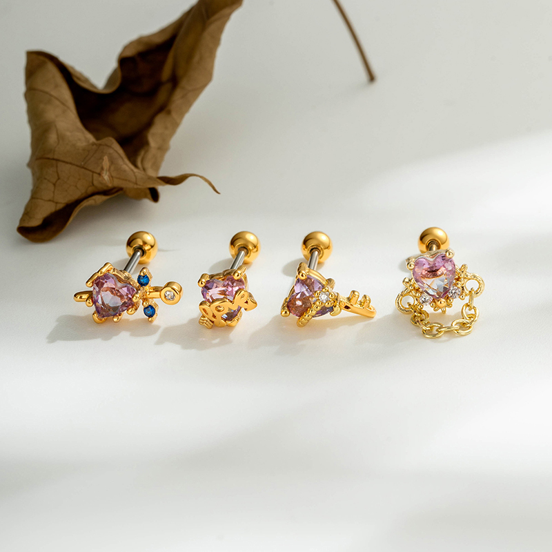 Boucles D'Oreilles Piercing Femme En Forme De Cœur, Zircon Rose, Couleur Cuivre Doré Image4
