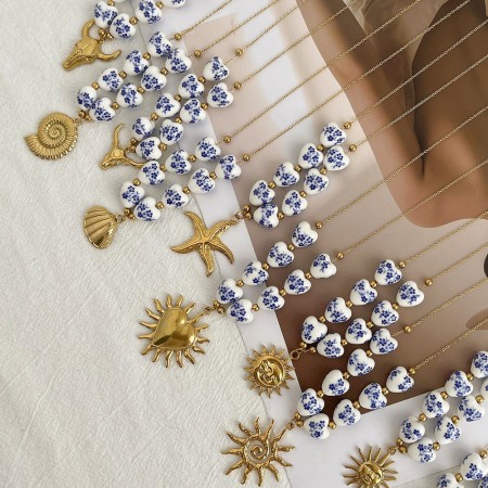 Collier pendentif cœur rétro en céramique 2