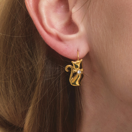Boucles d'oreilles pendantes élégantes pour femme, en acier inoxydable doré, imperméables et anti-ternissement, motif chat. 2