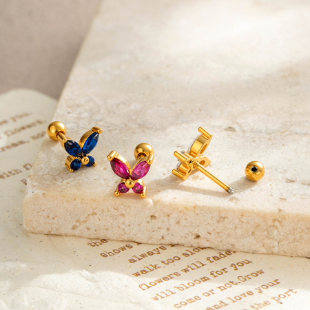 Boucles d'oreilles papillon exquises en cuivre doré et zircon pour femmes, ornées de piercings. 2