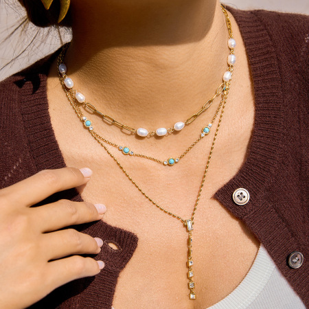 Colliers à maillons pour femmes en acier inoxydable turquoise scintillant, étanches et couleur or 2