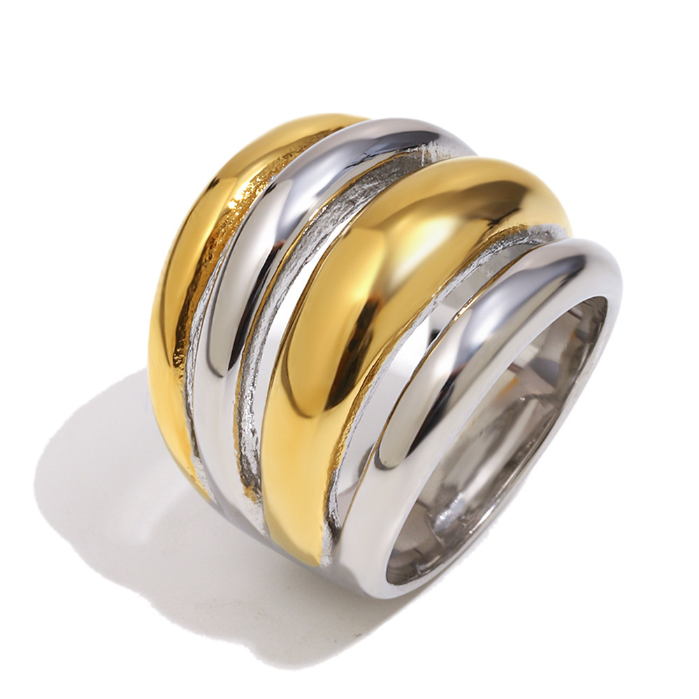 Bague Imposante En Acier Inoxydable Doré Et Argenté, Ornée De Plusieurs Cercles Et Étanche. 