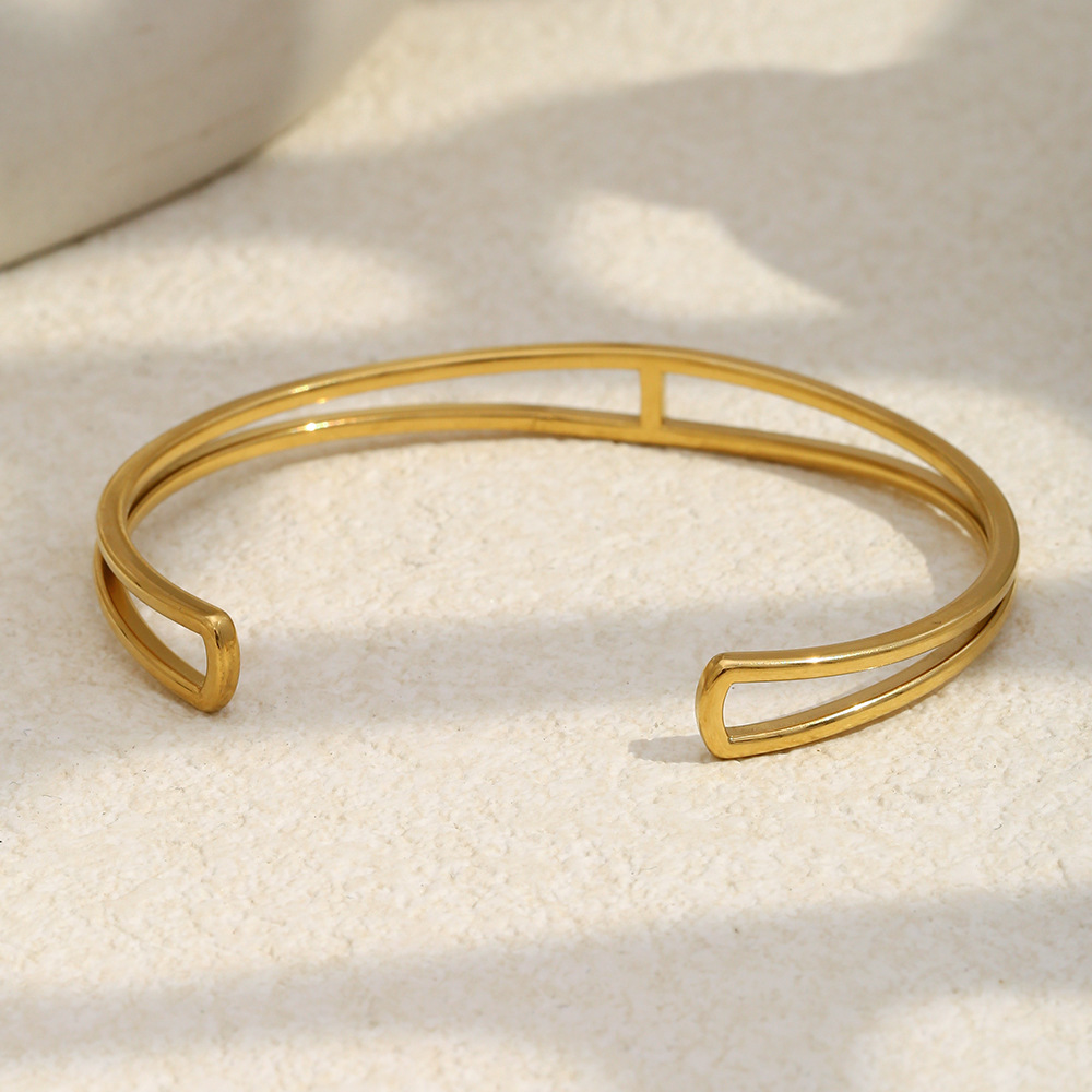 Bracelet Manchette Double Couche En Acier Inoxydable Étanche Couleur Or, Forme Linéaire Image3