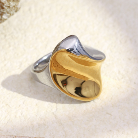Bague imposante en acier inoxydable doré et argenté, forme déformée, étanche 2
