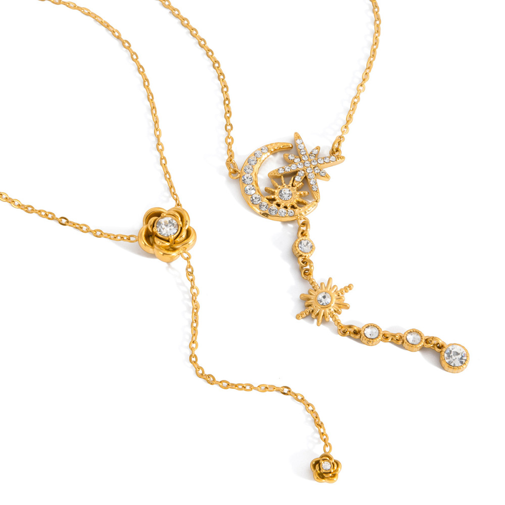 Colliers Pendentifs Pour Femmes En Acier Inoxydable Étanche Couleur Or Avec Étoile Et Lune Brillantes h5Image6