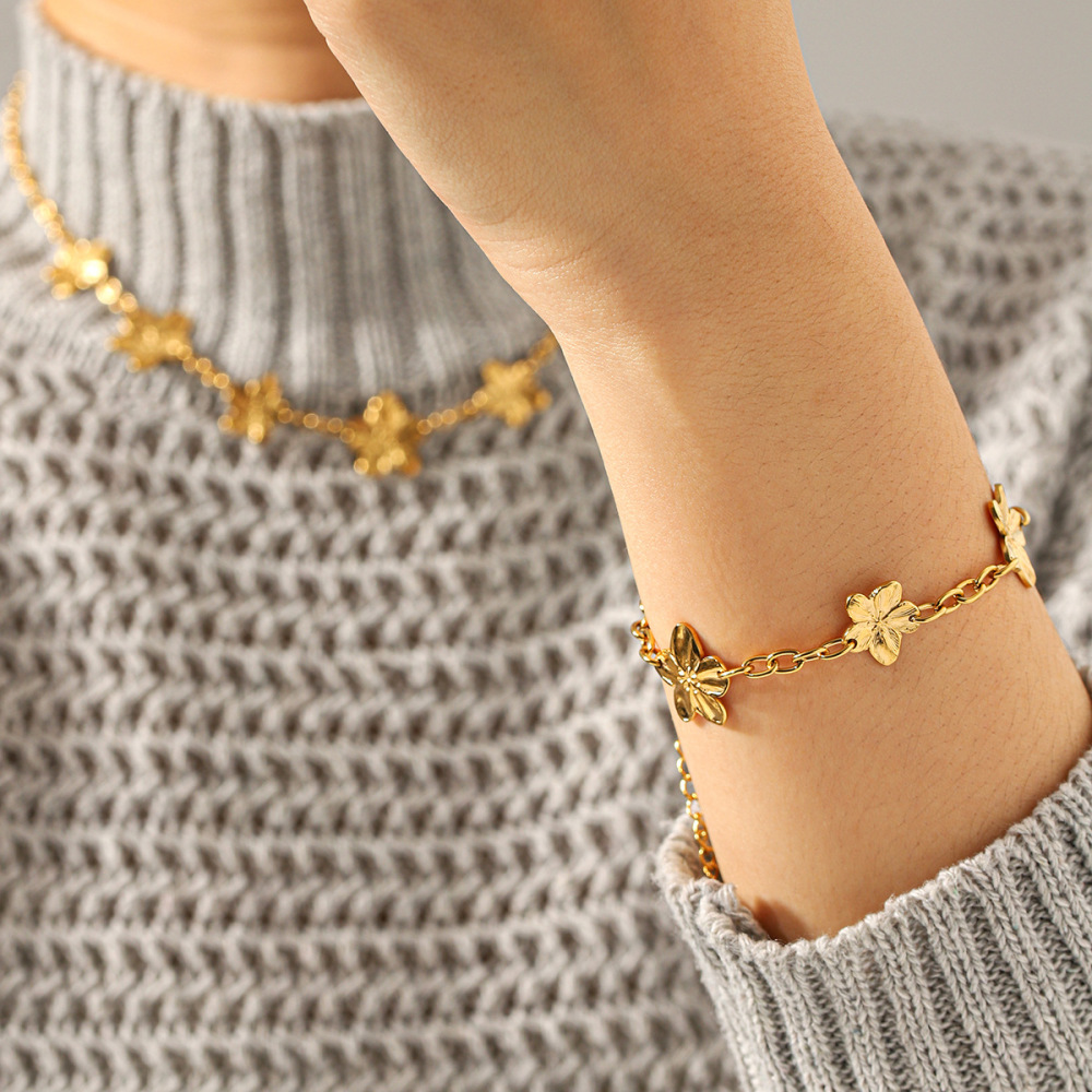 Ensemble Collier Et Collier En Acier Inoxydable Doré, Imperméable, Avec Motif Floral h5Image4