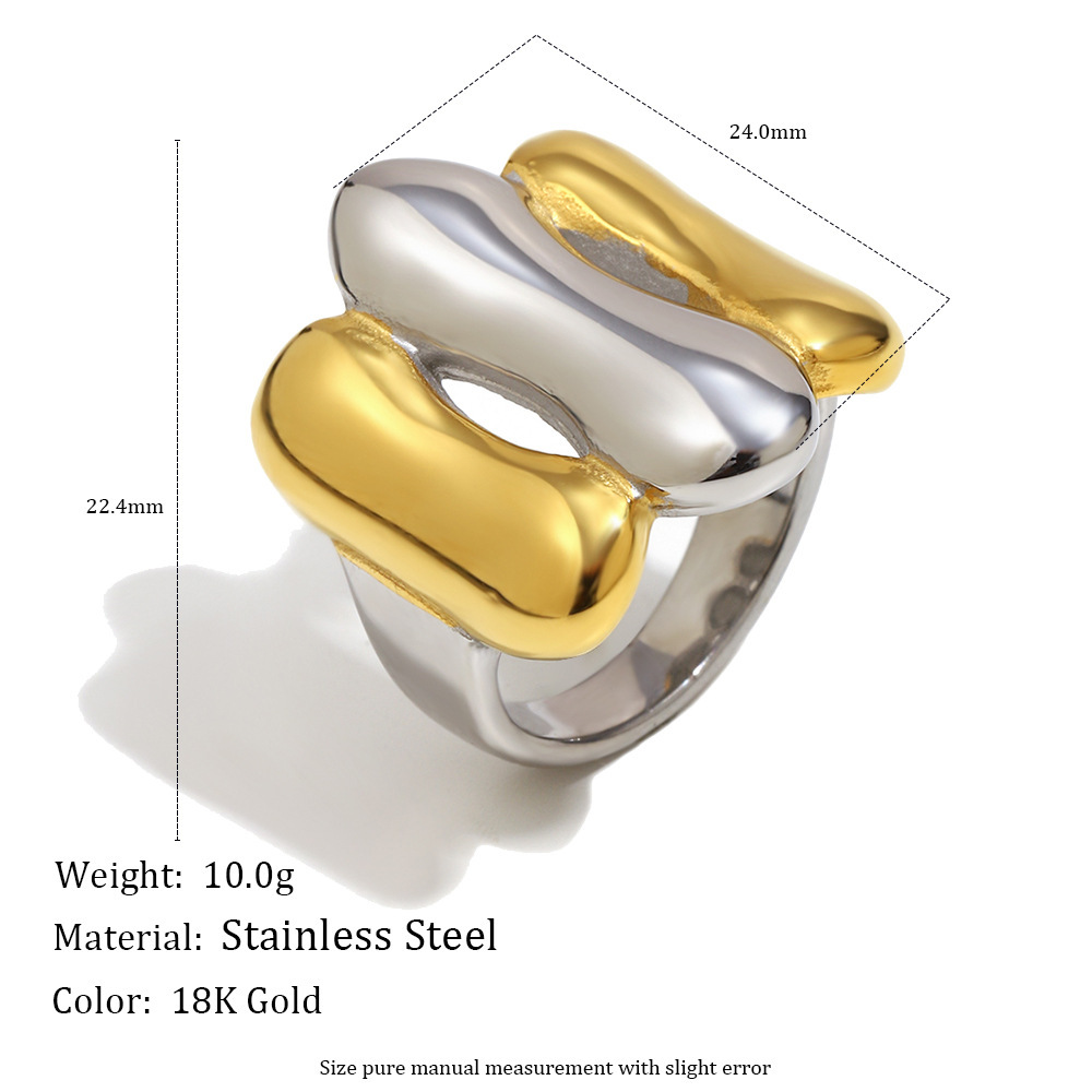 Bague Imposante En Acier Inoxydable Doré Et Argenté, De Forme Irrégulière Et Étanche. Image5