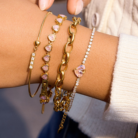 Bracelets à breloques sophistiqués en forme de cœur, en acier inoxydable, étanches, couleur or, avec zircon, pour femmes 2