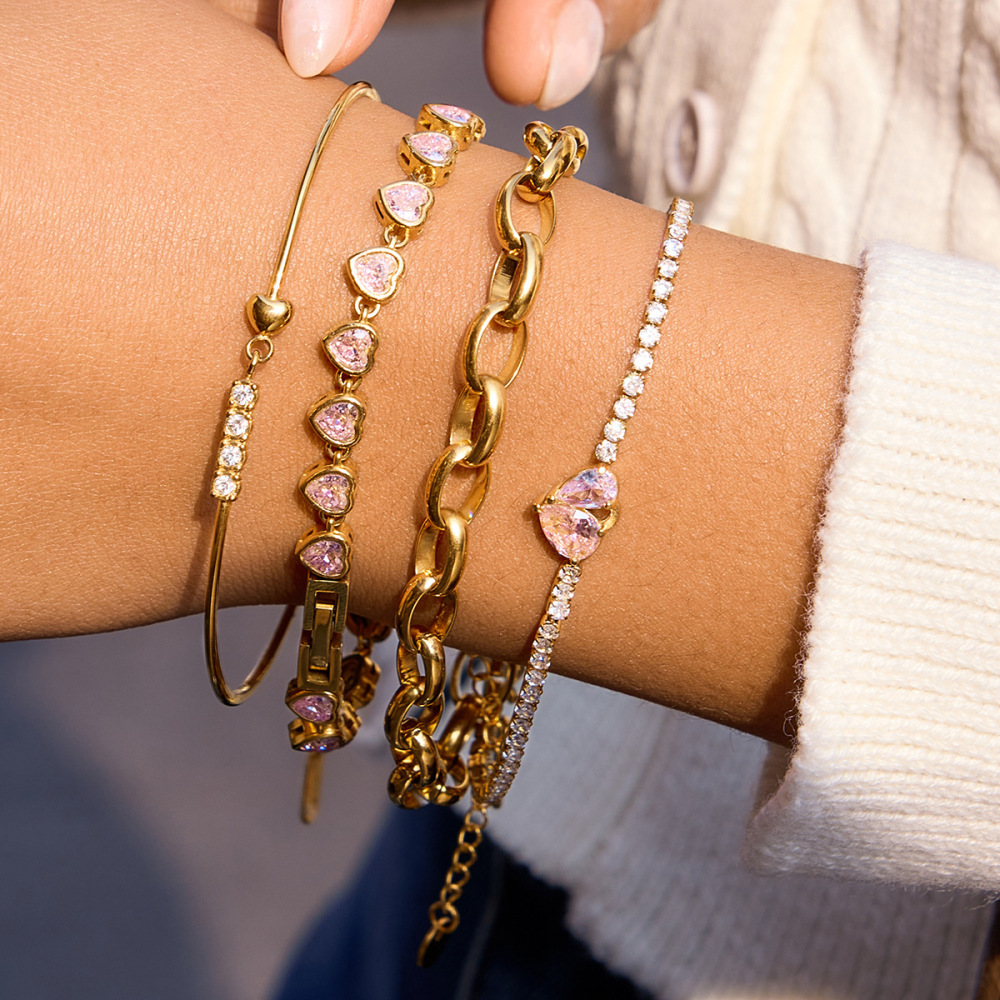 Bracelets À Breloques Sophistiqués En Forme De Cœur, En Acier Inoxydable, Étanches, Couleur Or, Avec Zircon, Pour Femmes h5Image3