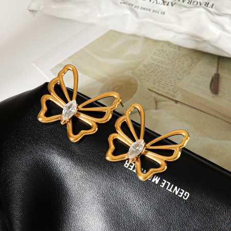 Boucles d'oreilles papillon en acier inoxydable étanche, couleur or, avec zircon. 2