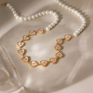 Colliers À Perles Pour Femmes, En Acier Inoxydable Doré, Imperméables Et Anti-Ternissement, Avec Un Charmant Cœur Rose h5 Image2