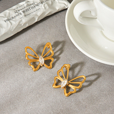 Boucles d'oreilles papillon en acier inoxydable étanche, couleur or, avec zircon.