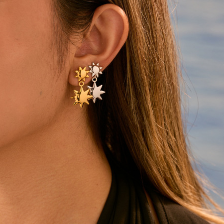 Boucles d'oreilles puces pour femmes, style classique, en acier inoxydable, plaqué or 18 carats, motif soleil.