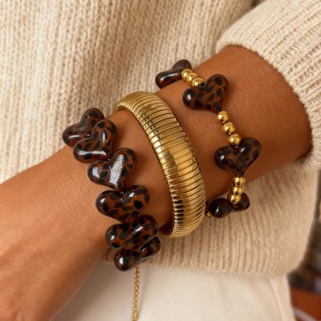 Bracelet en perles de résine dorées en forme de cœur léopard