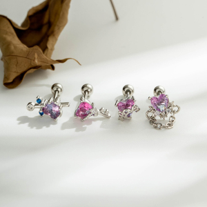 Boucles D'Oreilles Piercing Femme En Forme De Cœur, Zircon Rose, Couleur Cuivre Doré h5 Image3