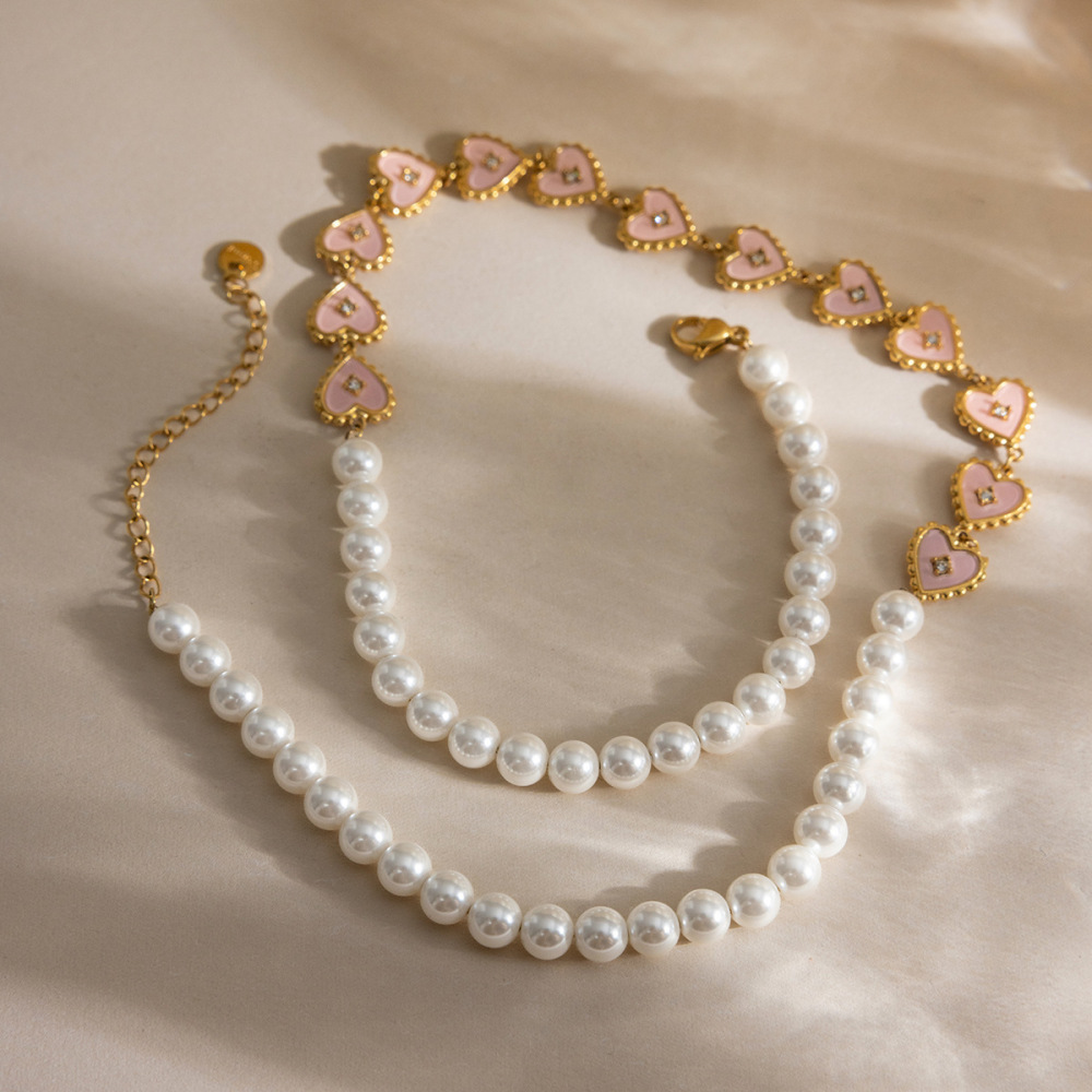 Colliers À Perles Pour Femmes, En Acier Inoxydable Doré, Imperméables Et Anti-Ternissement, Avec Un Charmant Cœur Rose Image3