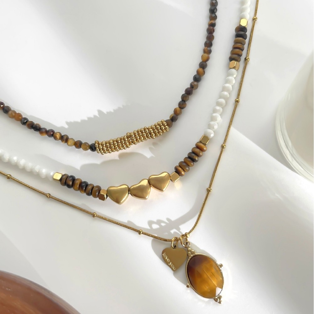 Collier En Acier Inoxydable Étanche, Couleur Or, Orné De Perles En Forme De Cœur, De Cristal Et De Pierre Naturelle. Image3