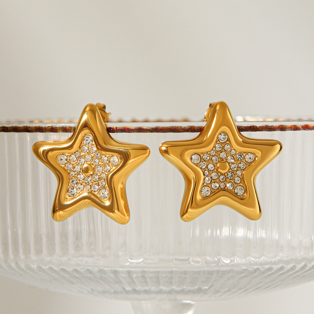 Boucles D'Oreilles Puces Pour Femmes Simple Series Daily Star En Acier Inoxydable, Étanches, Couleur Or, Avec Zircon. Image4